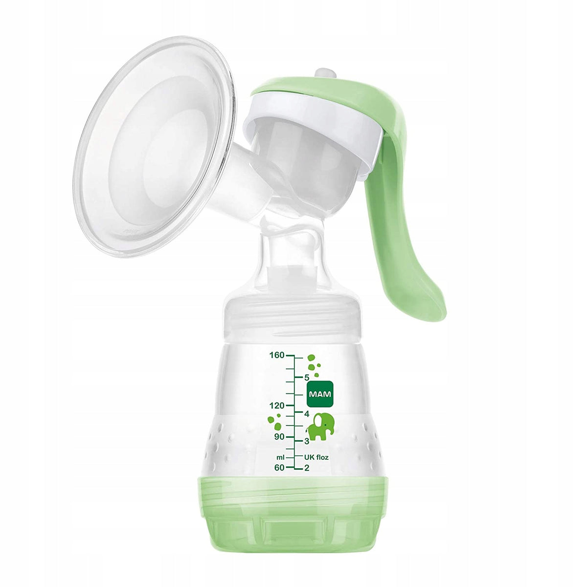 MAM kompaktowy LAKTATOR RĘCZNY z butelką 160 ml, biało-zielony, ergonomiczny, BPA i BPS free