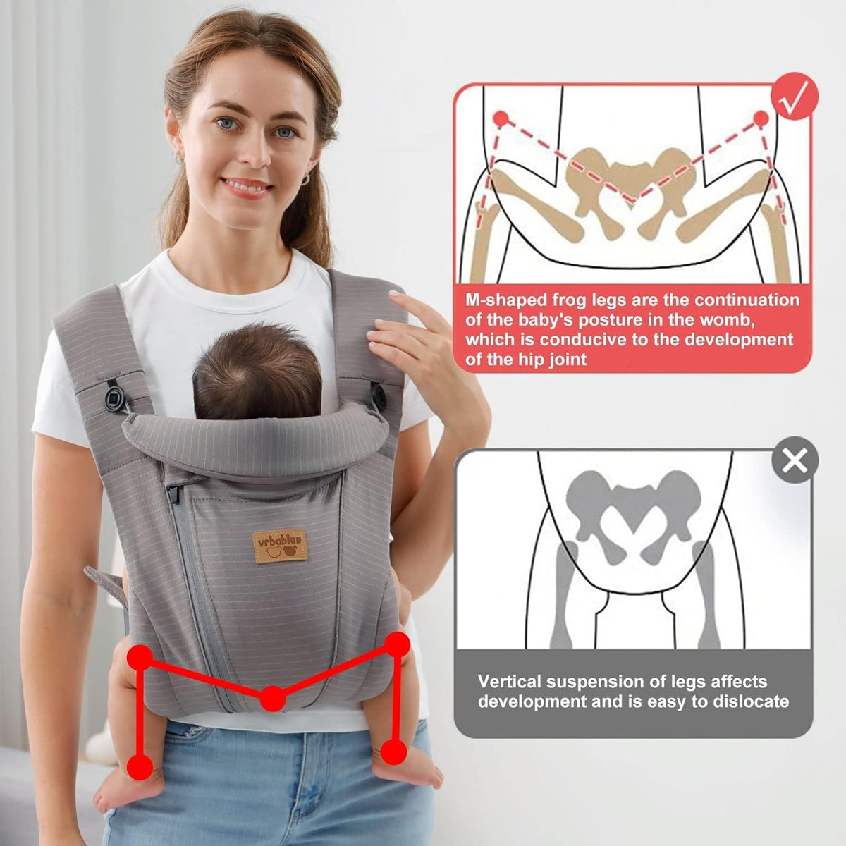 VRBABIES nosidełko ergonomiczne szare, prawidłowa pozycja M dziecka i wsparcie bioder