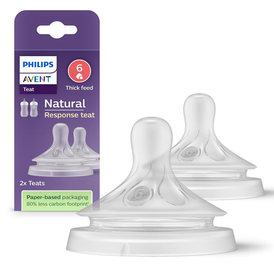 Smoczki do butelek Philips Avent Natural Response pokazane obok opakowania z oznaczeniem 6.