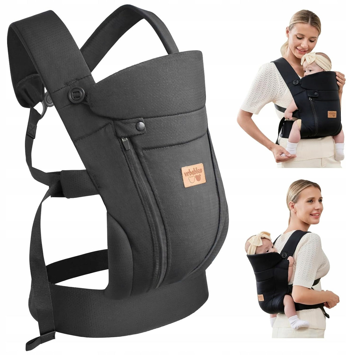 VRBABIES nosidełko ergonomiczne czarne, miękkie nosidło dla dziecka od 3,5 do 15 kg