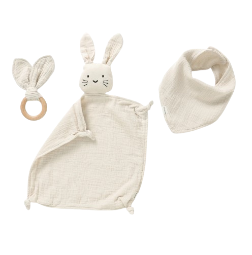 NUDU BABY comforter in cotone con peluche + massaggiagengive e bavaglino CONIGLIO 28 cm