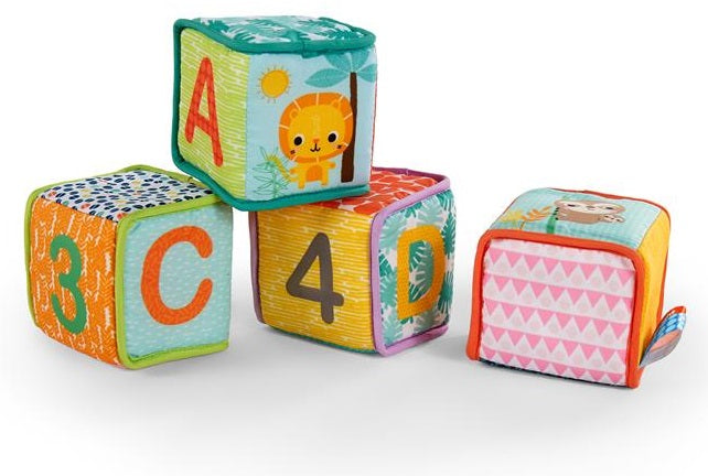 BRIGHT STARTS miękkie klocki edukacyjne GRAB & STACK, kolorowe sensoryczne kostki dla niemowląt 3 msc+