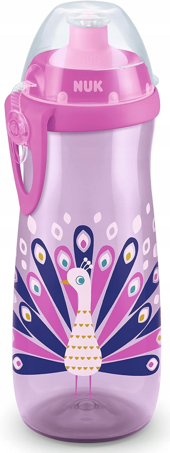 NUK Sports Cup BUTELKA 24 m+ ustnik push-pull 450 ml EFEKT KAMELEONA, różowa butelka z pawiem