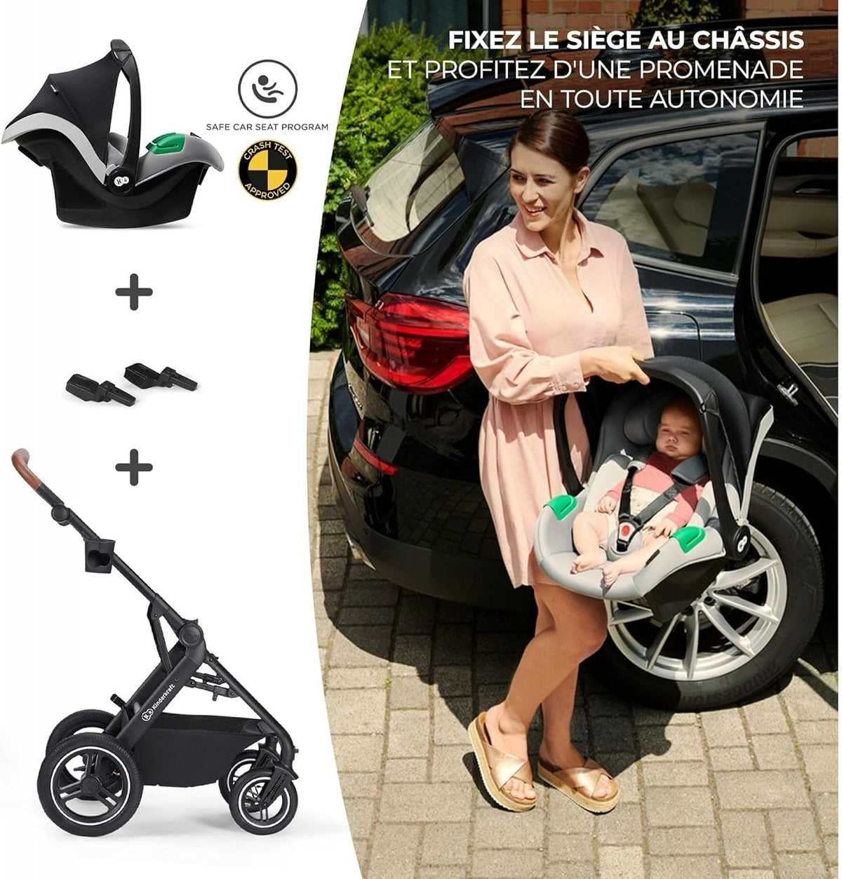 KINDERKRAFT B-TOUR carrinho multifunções 3 em 1 até 22kg + cadeira auto MINK PRO