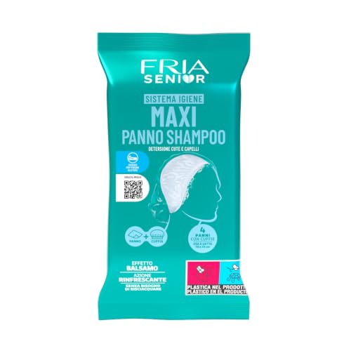 Turkusowe opakowanie Fria Senior Maxi Panno Shampoo z rysunkiem głowy i oznaczeniem czterech ściereczek.