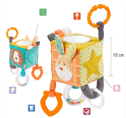 FEHN Activity Cube pluszowa zawieszka kostka z grzechotką 10 x 10 cm