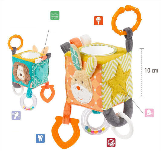 FEHN Activity Cube βελούδινο κρεμαστό κυβάκι με κουδουνίστρα 10 x 10 cm