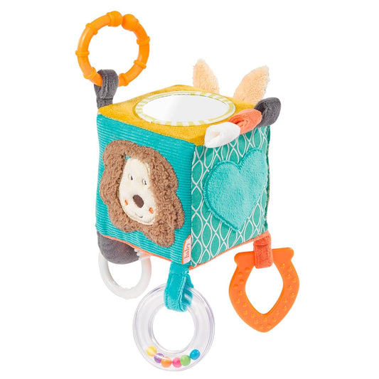 FEHN Activity Cube βελούδινο κρεμαστό κυβάκι με κουδουνίστρα 10 x 10 cm