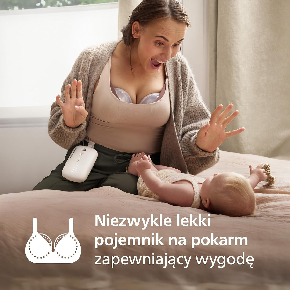 Grafika kobiety z muszlami i jednostką sterującą Philips Avent Hands-Free siedzącej obok dziecka.