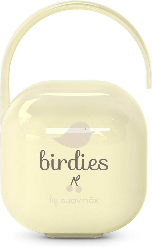 SUAVINEX Birdies etui na 2 smoczki, żółte, z uchwytem do torby lub wózka, chroniące smoczki przed zabrudzeniem