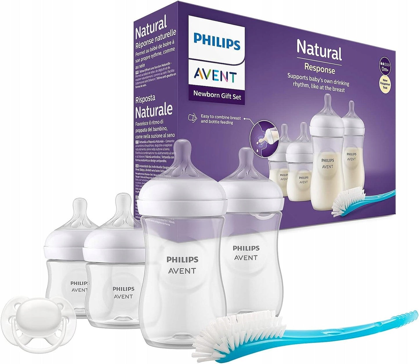 PHILIPS AVENT Natural Response set de 4 biberoane, tetină și perie