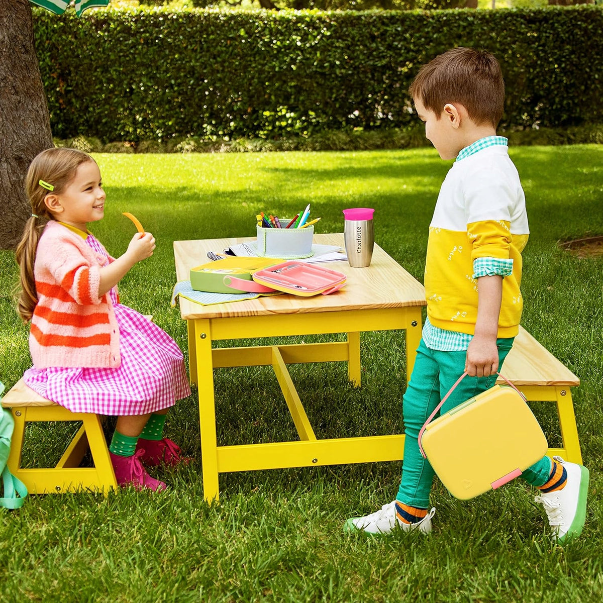 MUNCHKIN Bento Box śniadaniówka + sztućce, 5 komór, dziecięcy lunchbox w kolorze różowo-zielono-żółtym