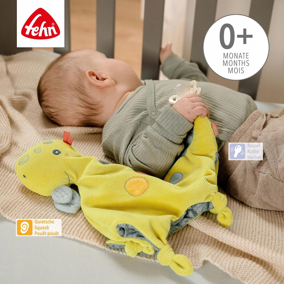 FEHN Happy Dino άνετη κουβέρτα ασφαλείας ΔΕΙΝΟΣΑΥΡΟΣ 30 εκ. θήκη πιπίλας