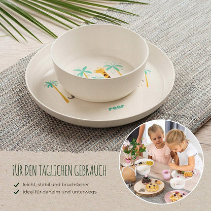 REER zestaw naczyń 4el. SAFARI – talerzyk, miseczka i kubek dla dzieci 6m+, bez BPA i melaminy