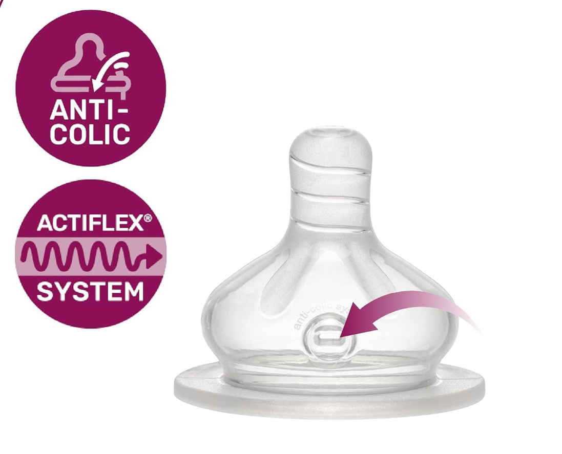 Biberon din sticlă NIP cu tetină mărimea S, debit lent, 120 ml, ACTIFLEX