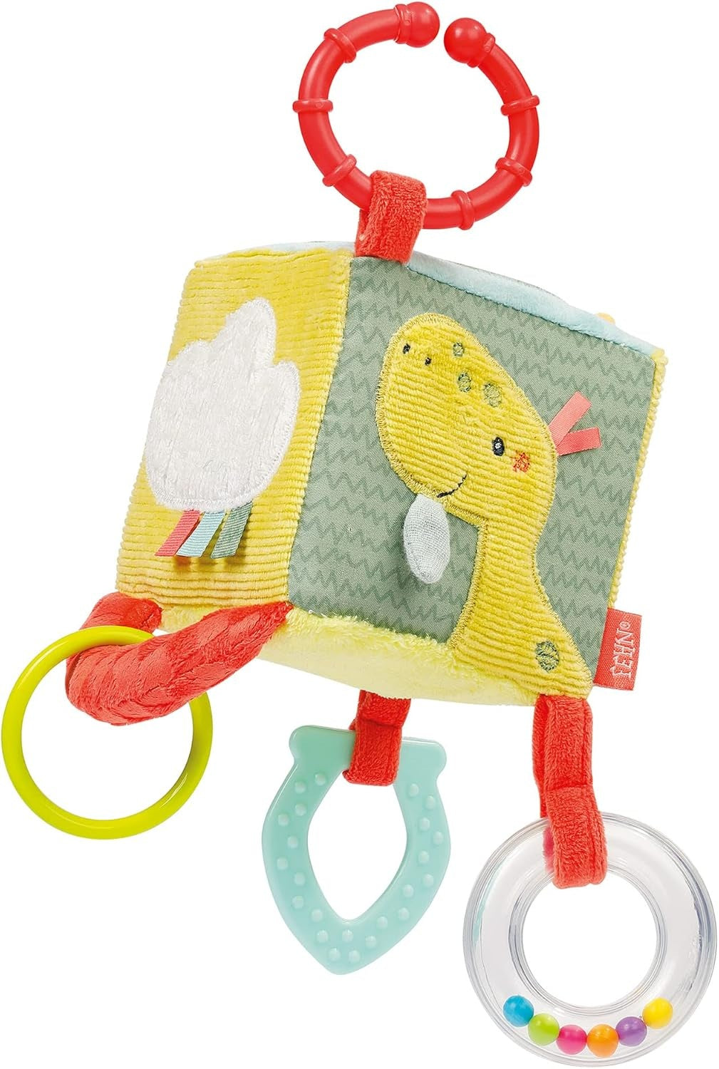 FEHN Happy Dino jucărie de agățat din pluș, cub cu zornăitoare 10 x 10 cm