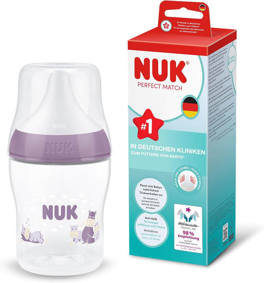 NUK Perfect Match butelka antykolkowa 150 ml 0+ z motywem hipopotama i systemem Temperature Control