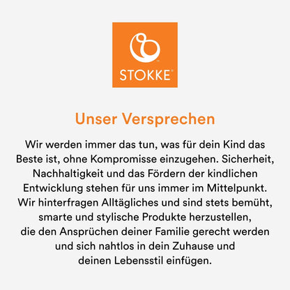 STOKKE LIMAS FLEX nosidełko ergonomiczne 4-20kg, logo Stokke i komunikat Unser Versprechen