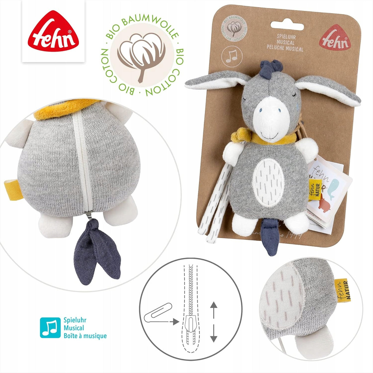 FEHN Nature zawieszka OSIOŁEK z pozytywką 22cm, miękka zabawka do wózka i łóżeczka dla niemowląt