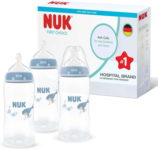 NUK First Choice zestaw 3x butelka 300 ml smoczek M 3 m+ WIELORYB, butelki antykolkowe
