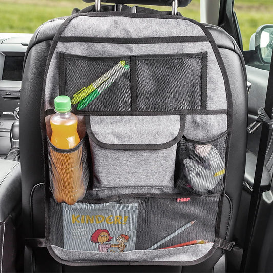 REER TravelKid Tidy organizer samochodowy 6 kieszeni, szary organizer na fotel auta dla dziecka z miejscem na zabawki i książeczki