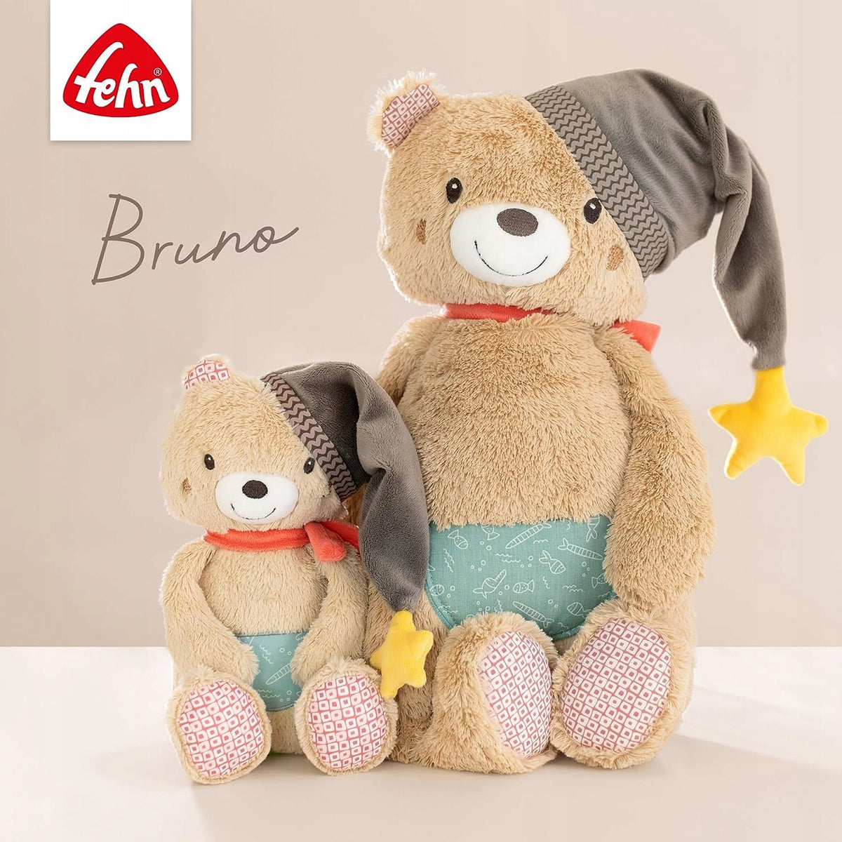 FEHN pluszowy miś Bruno XXL 44cm, beżowy miś z gwiazdką, idealny do przytulania dla dziecka