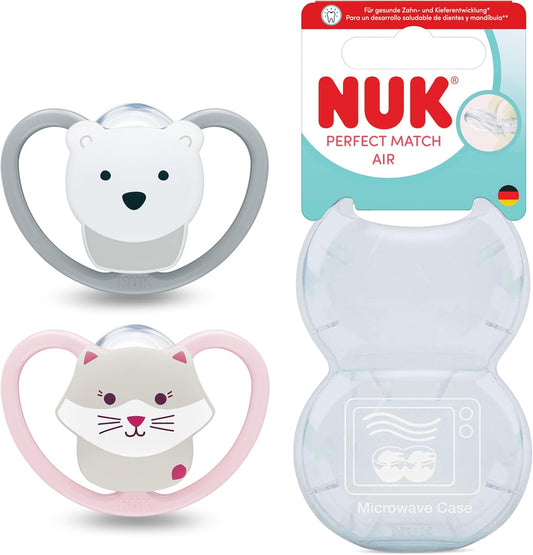 NUK Perfect Match Air smoczek uspokajający 18-36m x2 z etui mikrofalowym, wzór misia i kotka