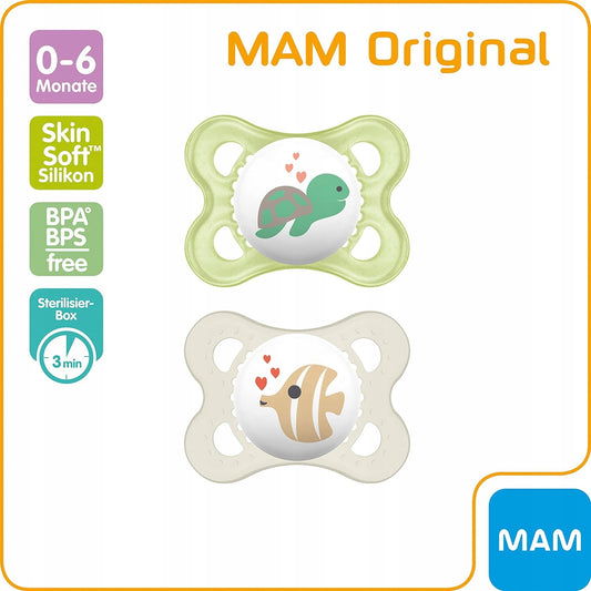 MAM ORIGINAL sucette apaisante x2 0-6mois + FEHN peluche avec attache