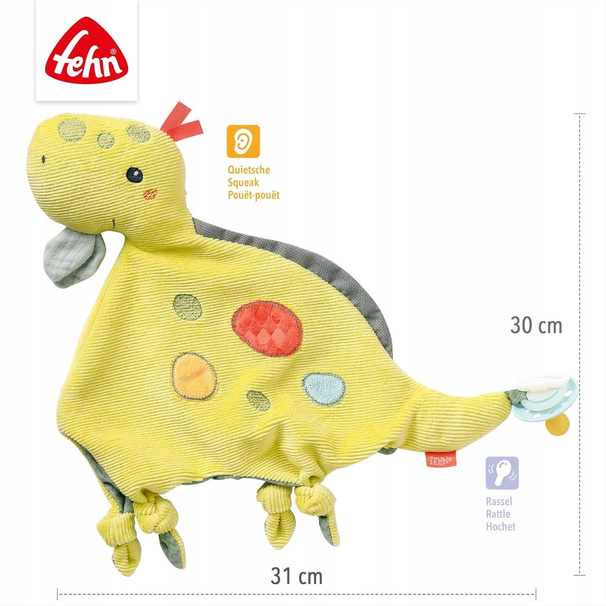 FEHN Happy Dino άνετη κουβέρτα ασφαλείας ΔΕΙΝΟΣΑΥΡΟΣ 30 εκ. θήκη πιπίλας
