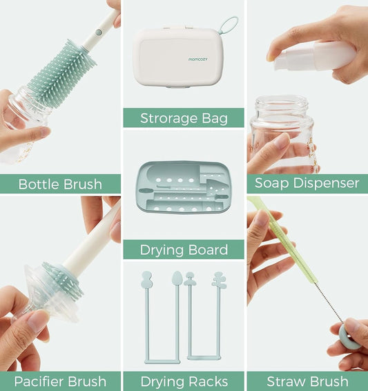 MOMCOZY 7-en-1 kit de voyage pour nettoyer les biberons, les tétines et les pailles + étui