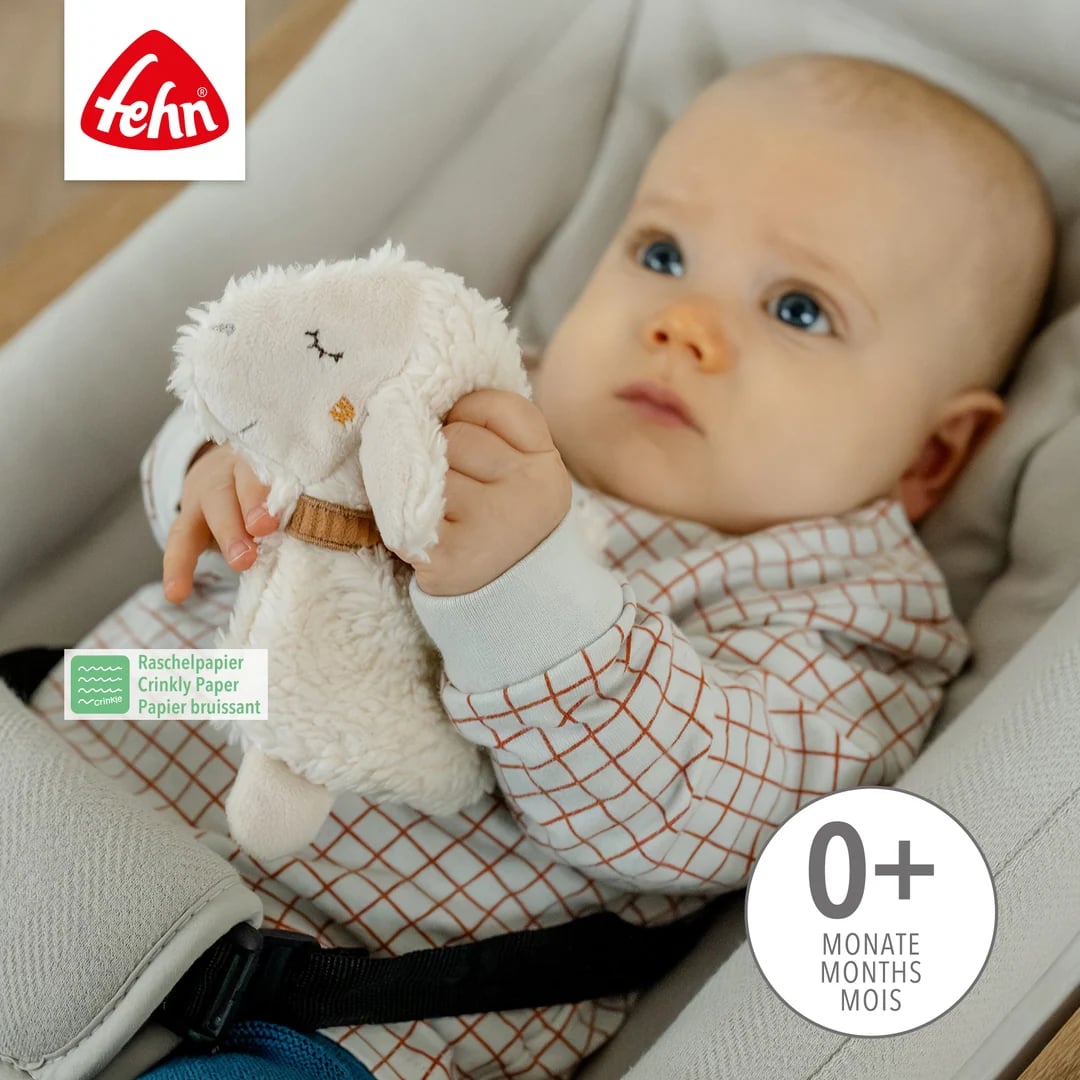 Poglądowe zdjęcie dziecka w foteliku trzymającego jasną owieczkę przy twarzy.