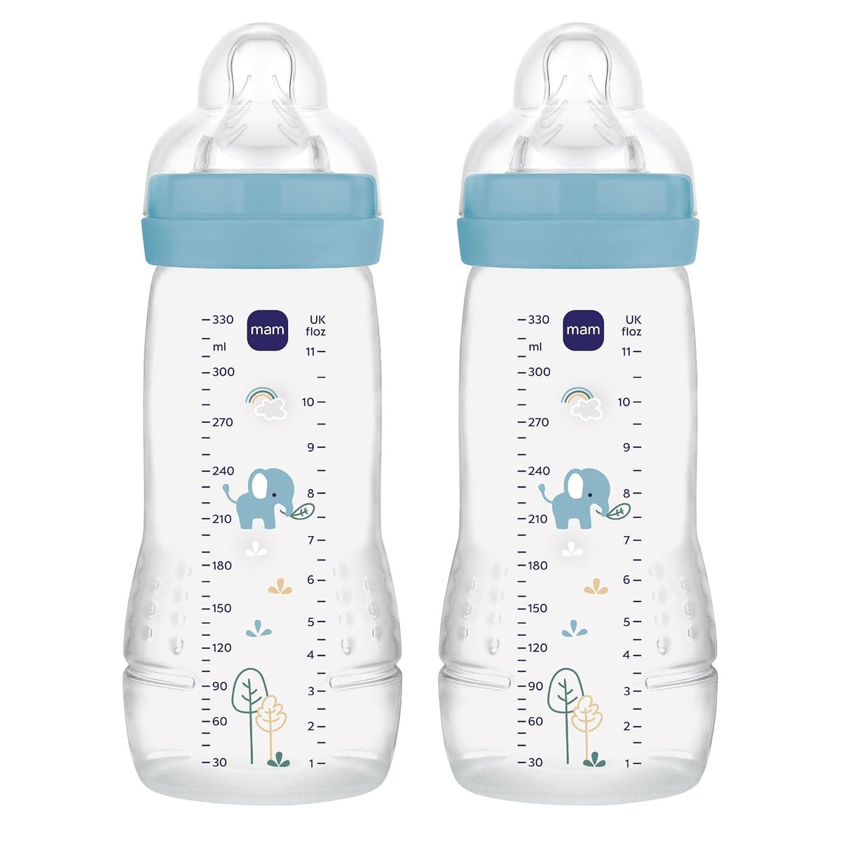 Dwie niebieskie butelki MAM Easy Active 330 ml z motywem słonia