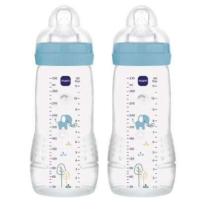 Dwie niebieskie butelki MAM Easy Active 330 ml z motywem słonia