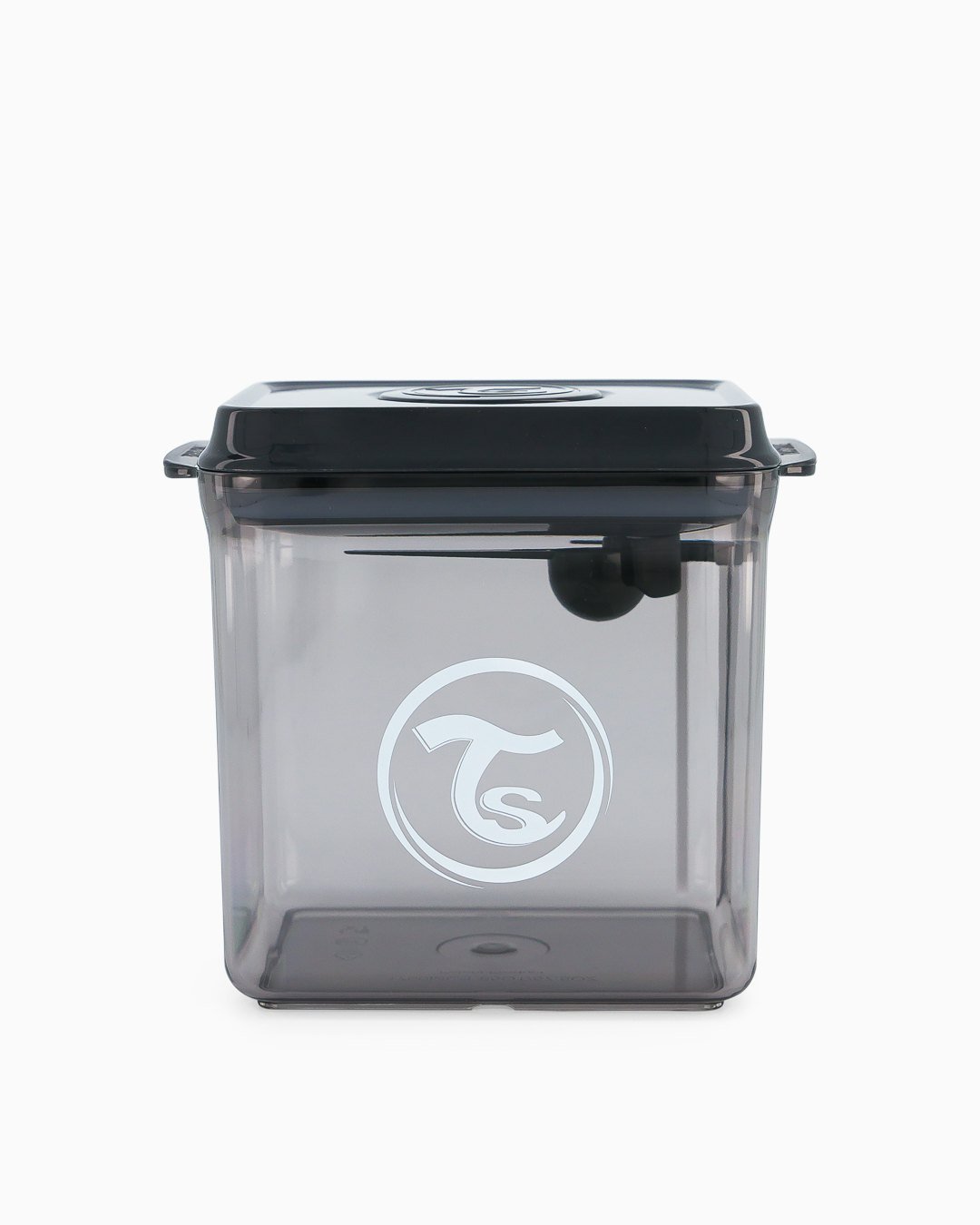 Przezroczysty pojemnik Twistshake z czarną pokrywą i logo, widok z przodu.