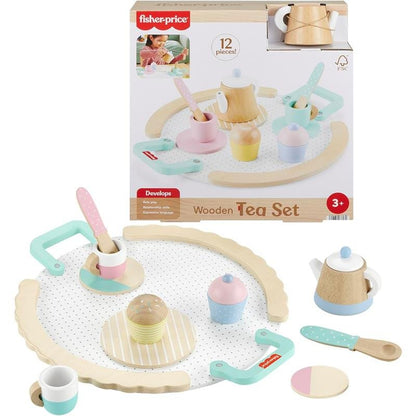 Drewniany zestaw do herbaty Fisher-Price z pastelowymi elementami i oryginalnym pudełkiem Wooden Tea Set.