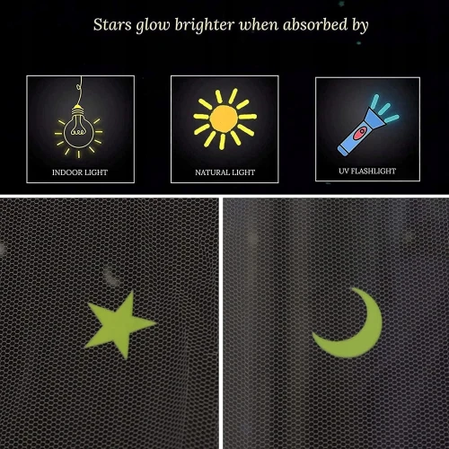 GLOW BED moskitiera do łóżeczka, baldachimu z fluorescencyjnymi gwiazdkami "O