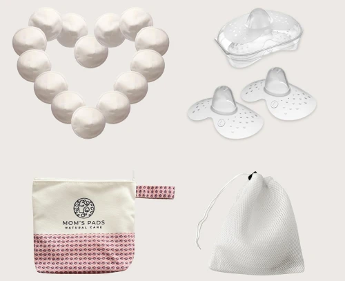 MOM'S PADS bambusowe wkładki laktacyjne x14 + worek do prania, kosmetyczka "N