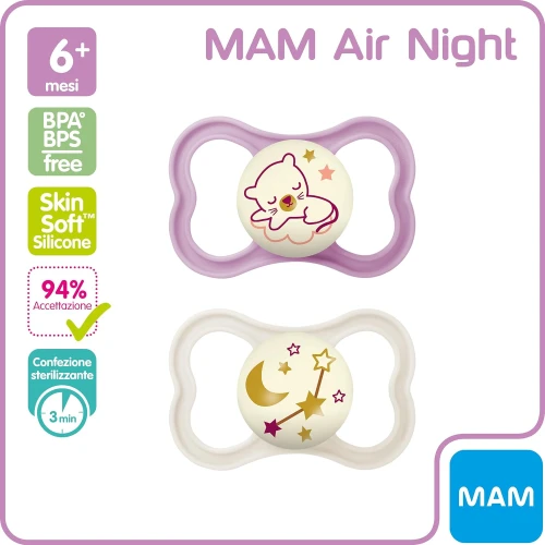 MAM AIR NIGHT smoczek uspokajający x2 6-16m ŚWIECI W CIEMNOŚCI