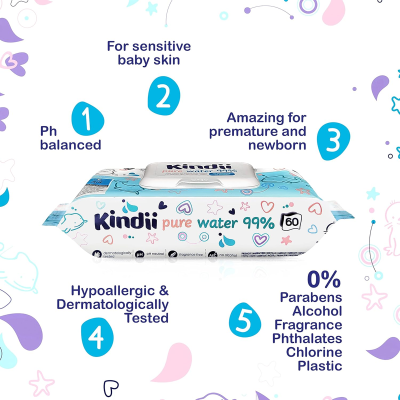 KINDII Pure Water 99 chusteczki nawilżane wodą x60