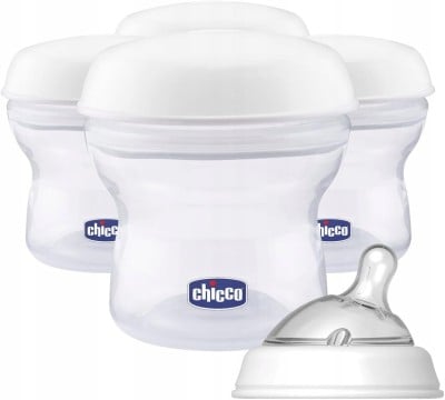 CHICCO pojemniki na mleko 4 x 150 ml + smoczek z nakrętką "O