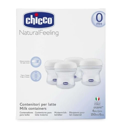 CHICCO pojemniki na mleko 4 x 150 ml + smoczek z nakrętką "O