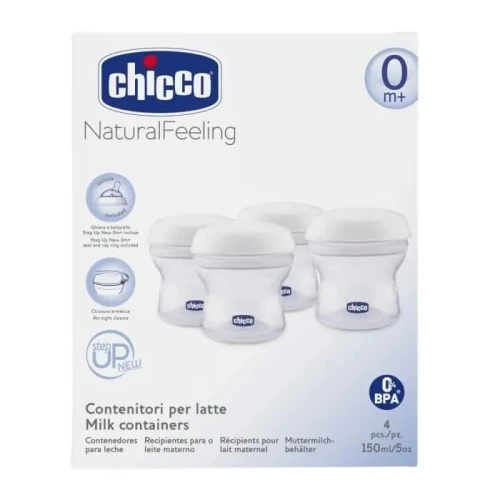 CHICCO pojemniki na mleko 4 x 150 ml + smoczek z nakrętką "O