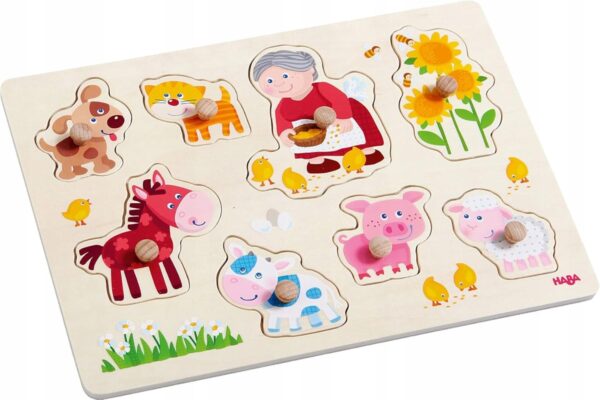 HABA drewniane puzzle wtykowe 8 elementów 21 x 30 cm BABIA I JEJ ZWIERZĘTA